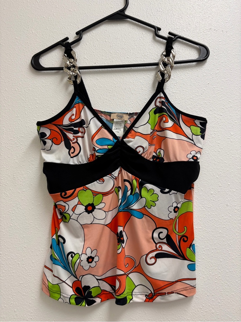 IZZY Floral Print Chain-Strap Tank Top - Black Trim Large